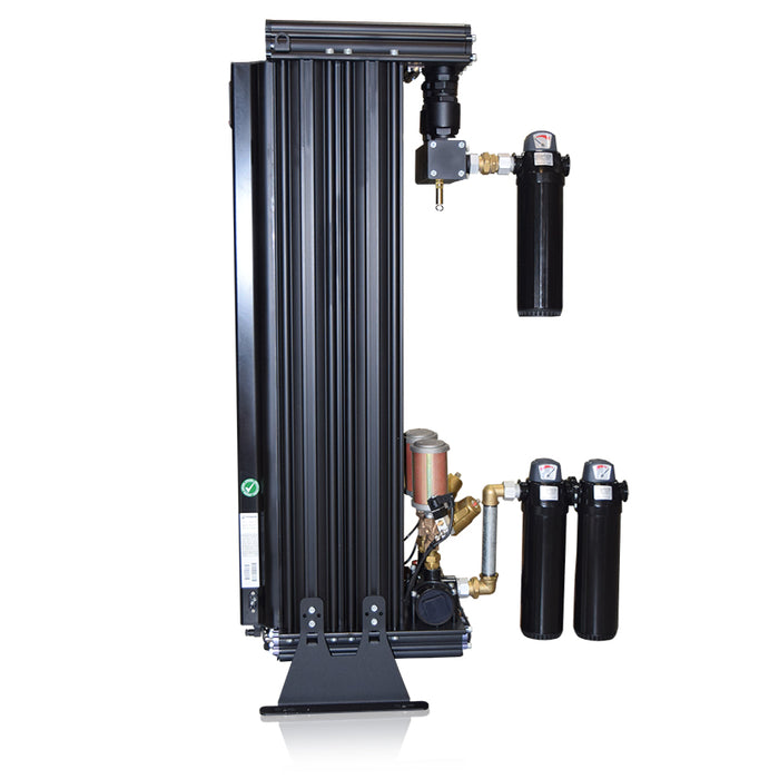 Side view of EMAX Regenerative Desiccant Air Dryer model, featuring the side profile with mounted legs and filters