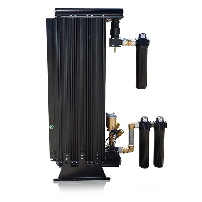 Front view of EMAX Regenerative Desiccant Air Dryer model with front panel, gauges, and mounting brackets visible