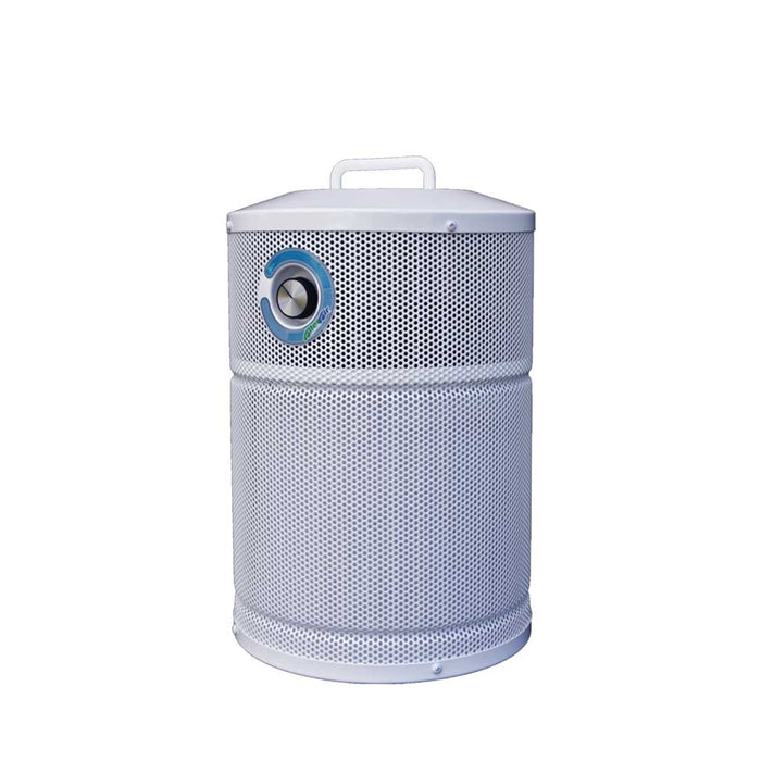 Front view of AllerAir AirMed 3 Compact Air Purifier Vocarb with UV, featuring a cylindrical design with a white finish and a perforated air inlet.
