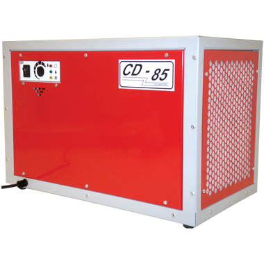 EBac CD85 Commercial Dehumidifier, model number 10293GR-US, against a white background, highlighting the red casing and control panel.