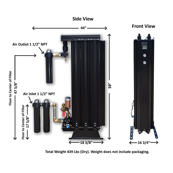 Dimensional diagram of EMAX Regenerative Desiccant Air Dryer model indicating size specifications and profile views
