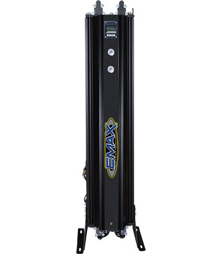 Top view of EMAX Regenerative Desiccant Air Dryer model, displaying the narrow vertical design and control valves