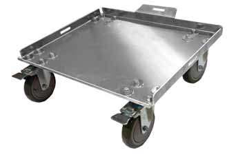 Four black caster wheels on a metal frame, designed for mobility of air scrubber machines.