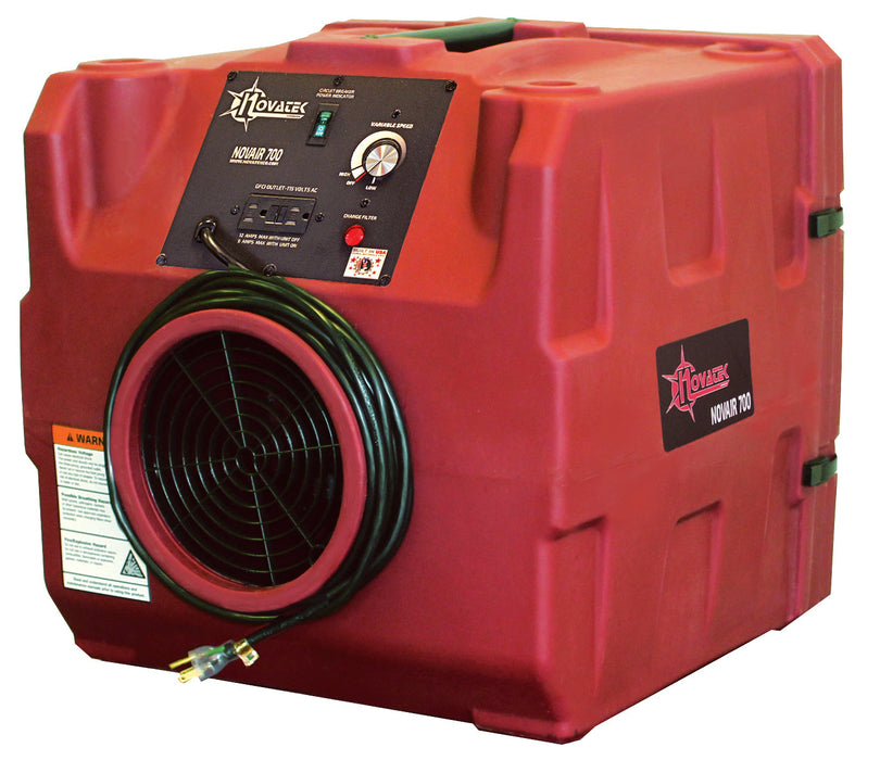 Front view of the red Novatek Novair 700 air scrubber with a black grill, control panel, and brand logo