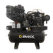 Front view of EMAX 14 HP gas truck mount air compressor with horizontal tank and piston pump