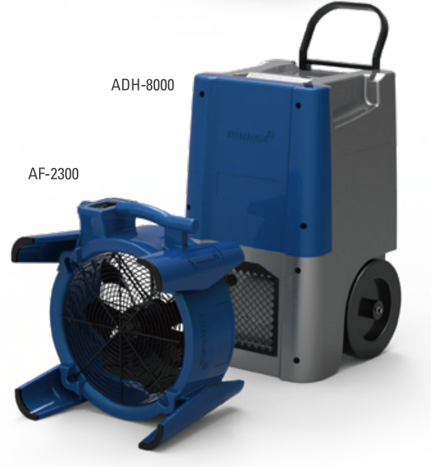 Airrex ADH-8000 dehumidifier and AF-2300 air mover next to each other.