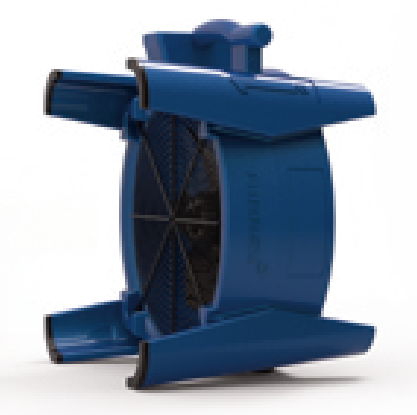 A blue coloured TEMP-Air Airrex axial fan AF-2300 on a white background, positioned on its side.