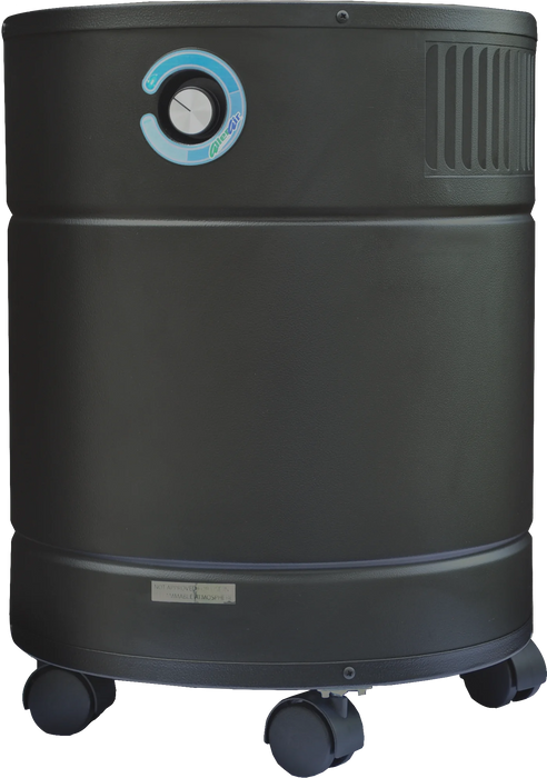 Front view of AllerAir AirMedic Pro 5 Plus Air Purifier in black with control dial and air intake vents.