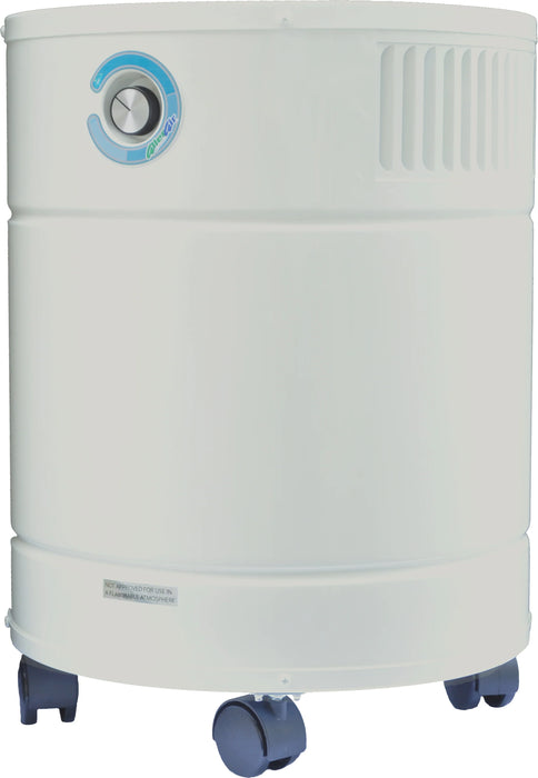 Front view of AllerAir AirMedic Pro 5 Plus Air Purifier in Sandstone, showcasing the control dial and caster wheels.