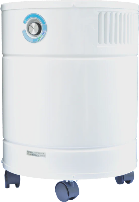 Front view of AllerAir AirMedic Pro 5 Plus Air Purifier in white with visible control dial and air intake vents.