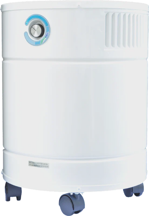 Front view of AllerAir AirMedic Pro 5 Plus Air Purifier in white with visible control dial and air intake vents.