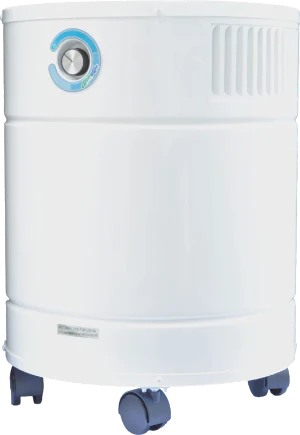 White AllerAir AirMedic Pro 5 Air Purifier with caster wheels on a white background.