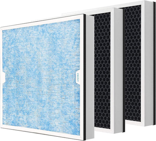 Two rectangular AlorAir HEPA/Activated Carbon Filter Replacement Set, one white with a blue HEPA filter and one white with a black activated carbon filter, standing upright against a white background. The word "FRONT" is visible on the bottom edge of the blue HEPA filter.