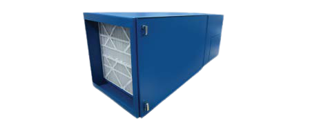 Blue stationary ambient air cleaner with a single white filter and door latch on the front, model BSE AIRMAX-FIRE.