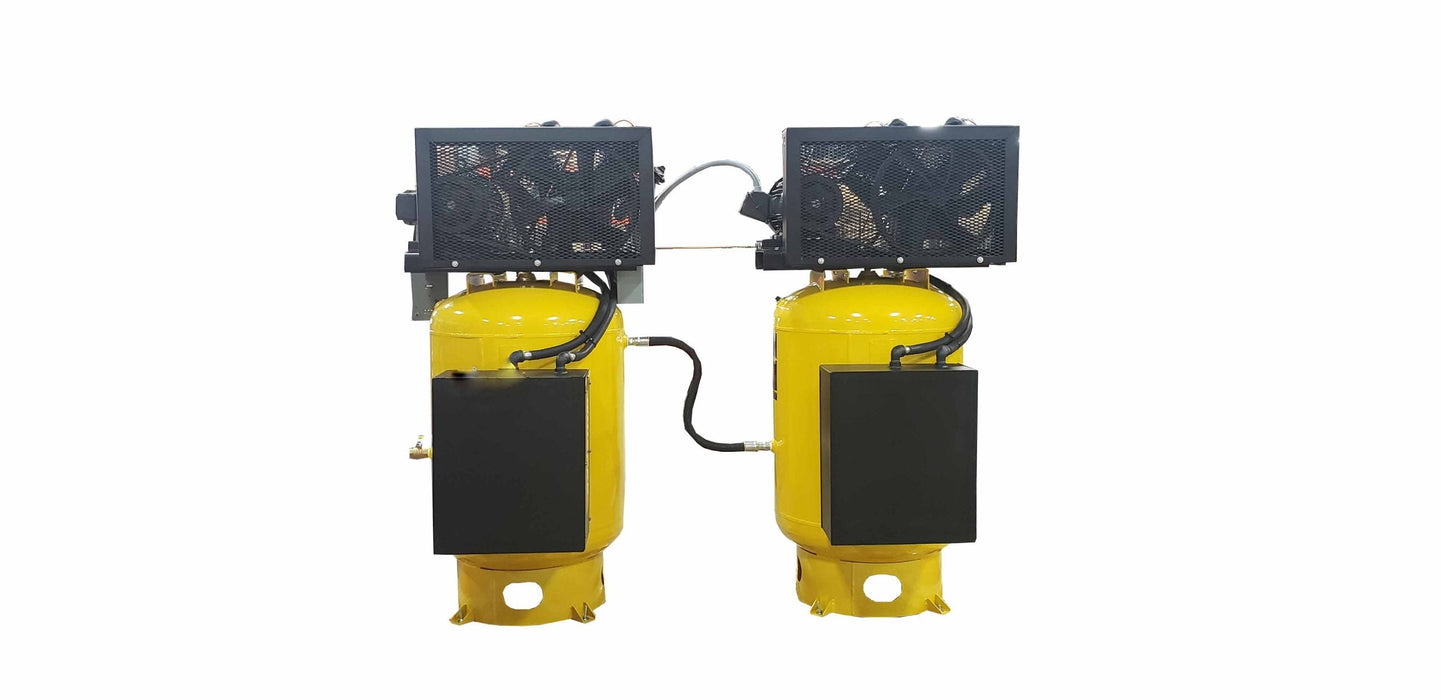 Back view of EMAX E450 Series two yellow vertical smart air compressors with protective metal grid covers over the fans