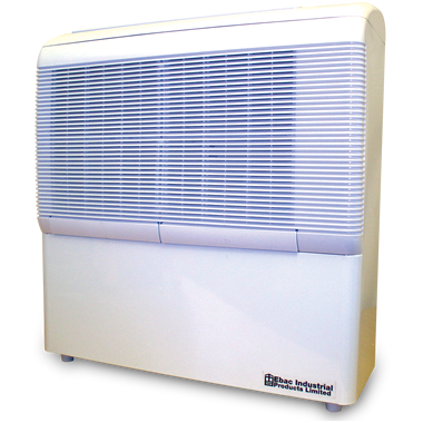 Front view of the EBac AD850E High-Capacity Dehumidifier, showcasing a sleek white design with horizontal vent lines, capable of removing up to 56 PPD of moisture and delivering 294 CFM of airflow, model number 1028020