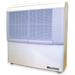 Front view of the EBac AD850E High-Capacity Dehumidifier, showcasing a sleek white design with horizontal vent lines, capable of removing up to 56 PPD of moisture and delivering 294 CFM of airflow, model number 1028020