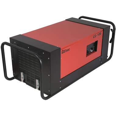 Side view of the EBac CD100 heavy-duty dehumidifier with a red casing and black handles.