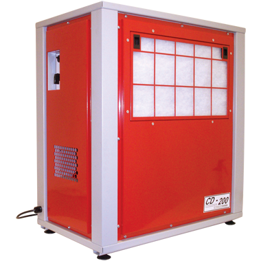 An EBac CD200 Industrial Dehumidifier with a prominent red front panel and grey casing, capable of dehumidifying 138 PPD and providing 664 CFM of airflow, model number 10182GR-US