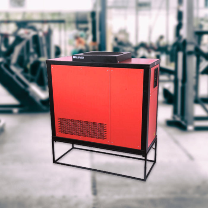 The EBac CD425-D Industrial Dehumidifier presented in a gym environment, stands out with its red casing and robust design, capable of removing 285 PPD of moisture and providing an airflow of 1,750 CFM, model number 10146BR-US