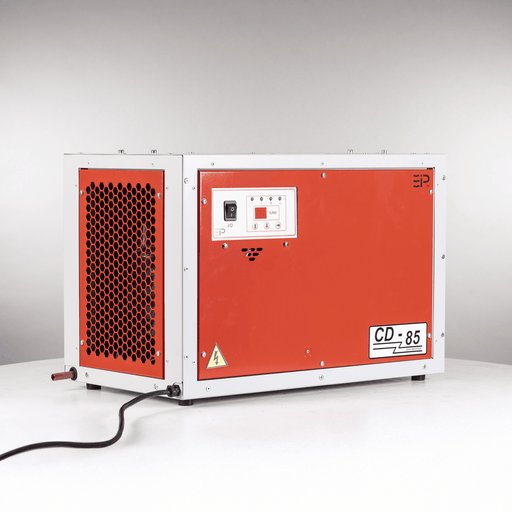 EBac CD85 Commercial Dehumidifier, model number 10293GR-US, against a white background, highlighting the red casing and control panel.