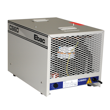 Front view of EBac CS60 Commercial Dehumidifier with 360 CFM, showing control panel and grill.