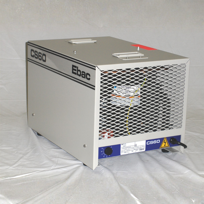 Front view of EBac CS60 Commercial Dehumidifier with 360 CFM, showing control panel and grill.