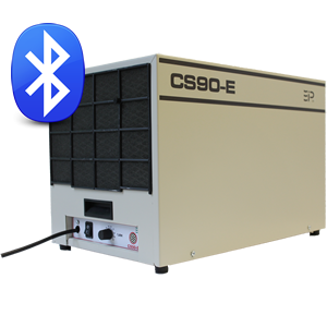 An EBac CS90-E commercial and industrial dehumidifier with a Bluetooth connectivity symbol on the upper left corner indicating smart device compatibility.