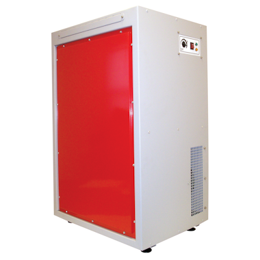 An EBac Freestar Commercial & Industrial Dehumidifier with a 105 PPD capacity and 538 CFM airflow, featuring a red door on the front and a grey body, model number 10283GR-US.