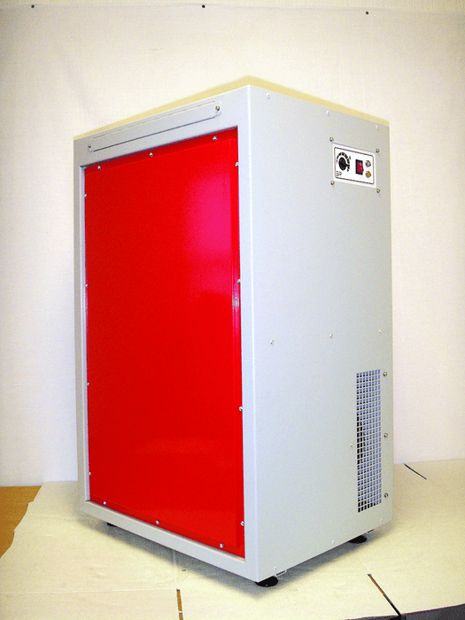 An EBac Freestar Commercial & Industrial Dehumidifier with a 105 PPD capacity and 538 CFM airflow, featuring a red door on the front and a grey body, model number 10283GR-US.