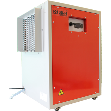 EBac K100H High-Capacity Dehumidifier with a red front and white casing, featuring a digital display and control panel, on a transparent background.