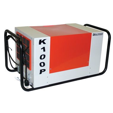 Full side view of EBac K100P industrial dehumidifier displaying model number K100P and protective side handles.