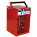 Front view of the EBac Neptune Industrial Dehumidifier, displaying a bold red exterior with a protective grille and a top carrying handle, capable of removing up to 52 PPD of moisture and providing 282 CFM, model number 10199GR-US