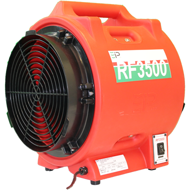 Front view of the EBac RF3500 High Velocity Air Mover, featuring a vibrant red housing with a large black grille, capable of delivering 3000 CFM of air flow, model number 10965RD-US