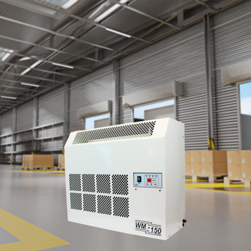 The EBac WM150-D Industrial Dehumidifier is positioned in a factory environment, demonstrating its large-scale dehumidifying capability of 71 PPD and 650 CFM, with clear visibility of its operational control panel and design features, model number 11285GL-US