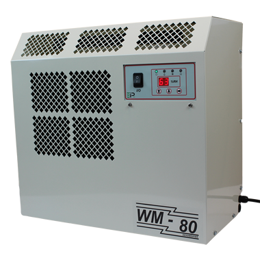 Front view of the EBac WM80-D Industrial Dehumidifier showing its control panel and venting, with the model number 11284GL-US, designed for high-efficiency moisture removal