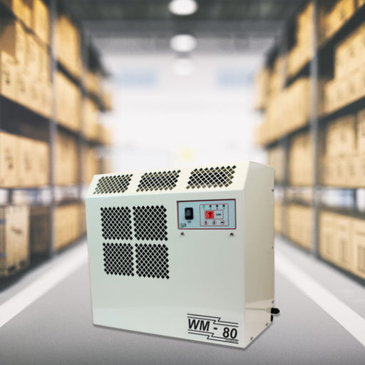 The EBac WM80-D Industrial Dehumidifier, capable of 62 PPD and 360 CFM, is displayed in a warehouse setting, emphasizing its utility in commercial environments