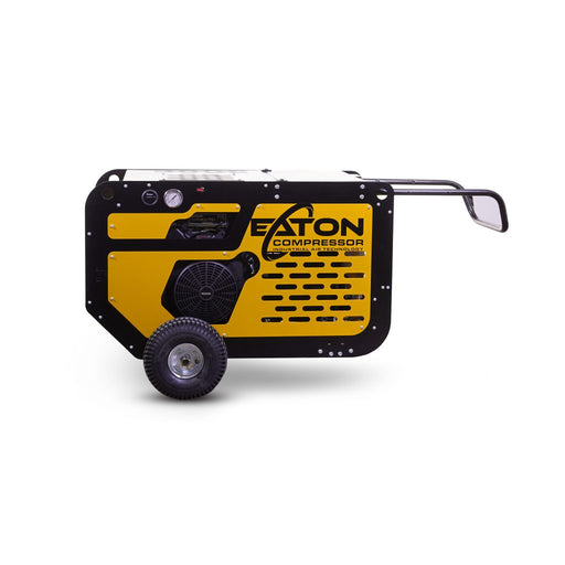 Portable gas-powered rotary screw compressor, model EGS070PT, featuring a yellow and black color scheme with pneumatic wheels for easy transport