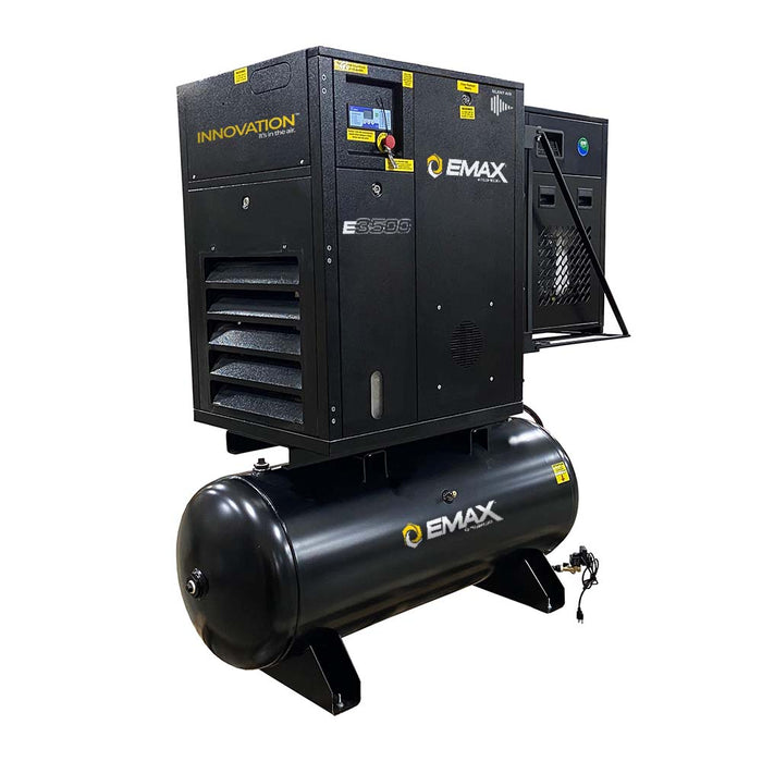 Angled view of the EMAX E3500 Series Industrial Rotary Screw Compressor, showcasing both the compressor unit and the attached air dryer system.