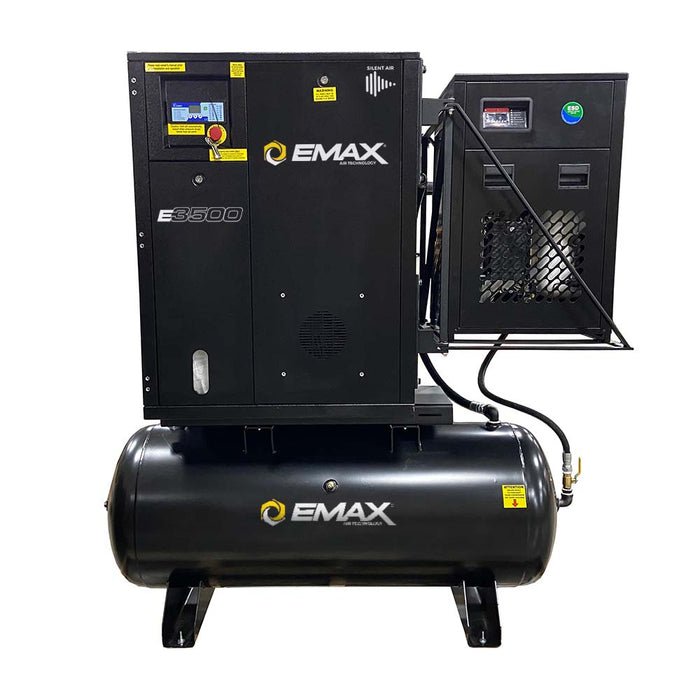 Full setup view of the EMAX E3500 Series Industrial Rotary Screw Compressor with tank mount and air dryer system.