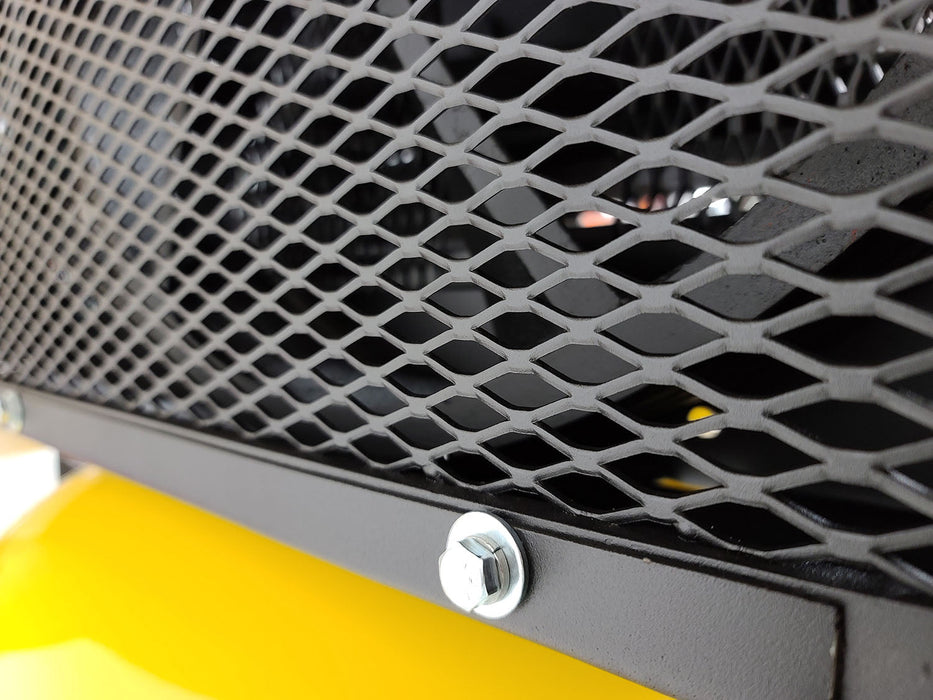 Close-up of the cooling system on the EMAX E350 Series Air Compressor, highlighting the metal grille and internal components.