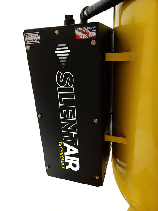 Side view of EMAX E350 Series Air Compressor showcasing the Silent Air Technology panel with 'Proudly Made in USA' stamp
