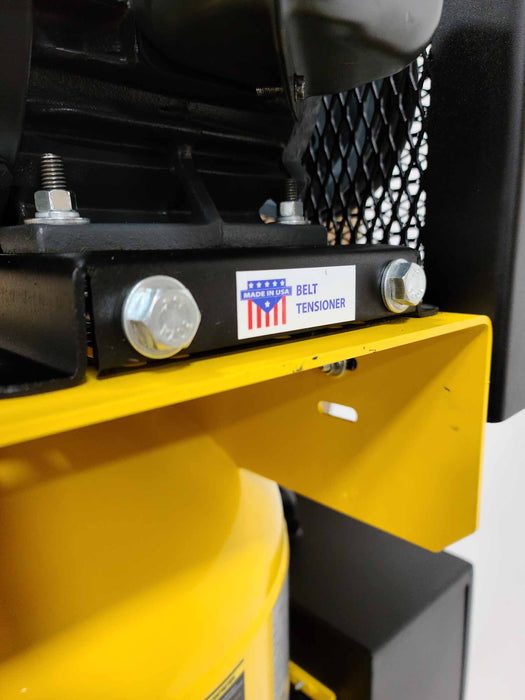 Detail of the belt tensioner on the EMAX E350 Series Air Compressor with a 'Made in USA' label, emphasizing the build quality and design