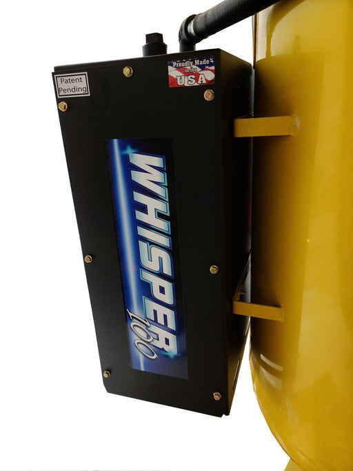 Side view of the EMAX E350 Series Air Compressor showing the WHISPER TECH panel with the 'Proudly Made in USA' emblem