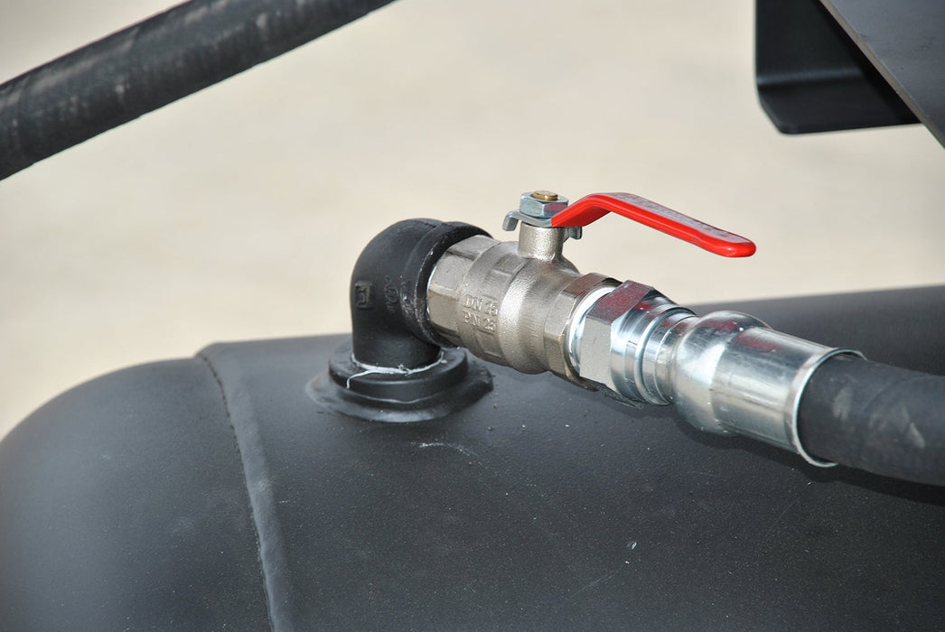 Detailed view of the tank valve on the EMAX E4500 Series Rotary Screw Air Compressor, showing the red handle and silver fittings.