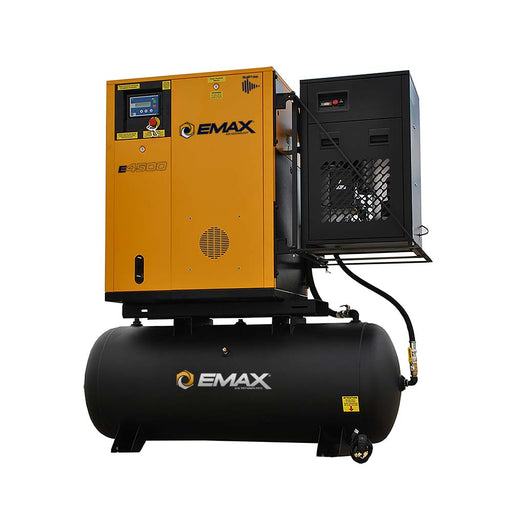 EMAX E4500 Series rotary screw air compressor with variable speed and swingarm design, model number ERVK070001, displayed on a black horizontal tank