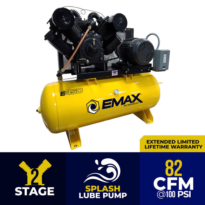 Side view of the EMAX E450 25 HP Piston Air Compressor, showcasing the 3 Phase, 120 Gallon, Horizontal configuration with Emax Industrial Plus branding and splash lube pump feature