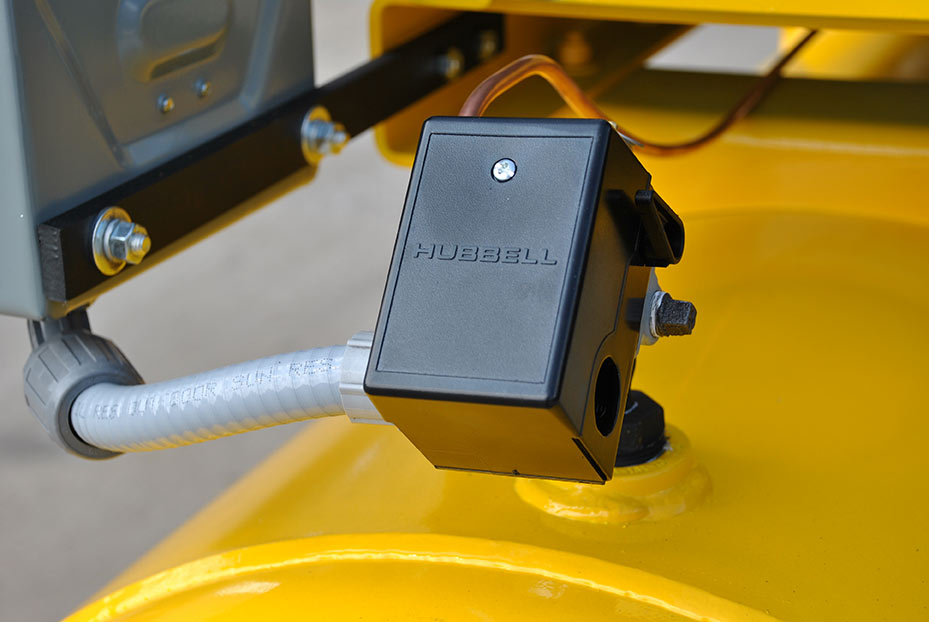 Hubbell wiring device connected to the EMAX E450 Series 20hp Industrial Plus Air Compressor, showcasing the compressor's commitment to quality components