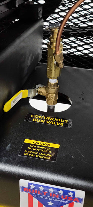 Detailed image showing the continuous run valve and caution labels on the EMAX E450 Series Air Compressor with a 'BUILT IN USA' sticker below