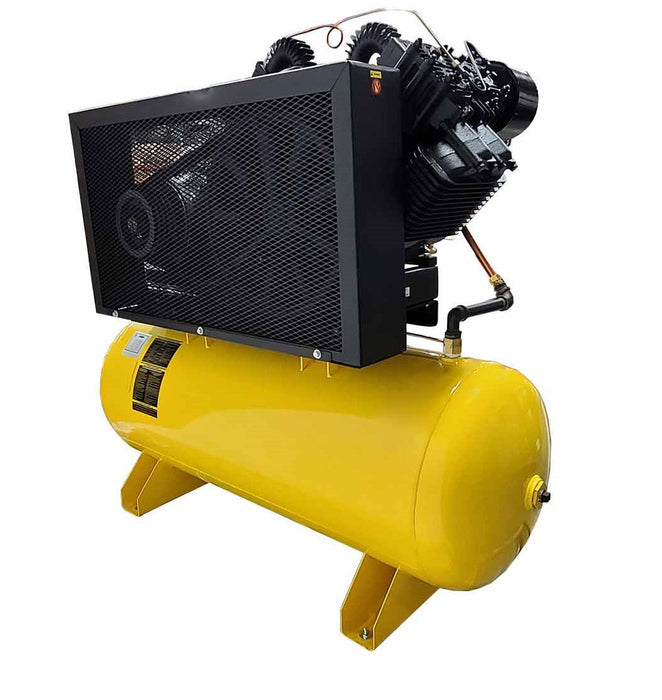 Side view of the EMAX E450 Series Air Compressor showing the large horizontal yellow tank with the motor and pump assembly on top
